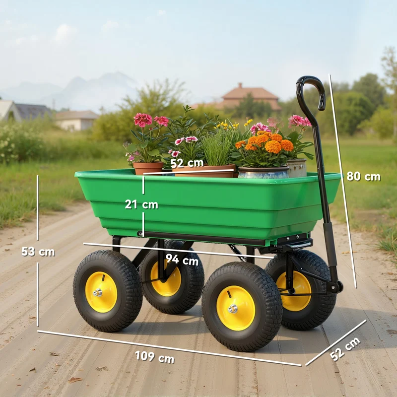 Chariot de jardin à main benne basculante 75 L 109 x 52 x 94 cm déchargement aisé roues pneumatiques rustique en PP vert 21_0004255