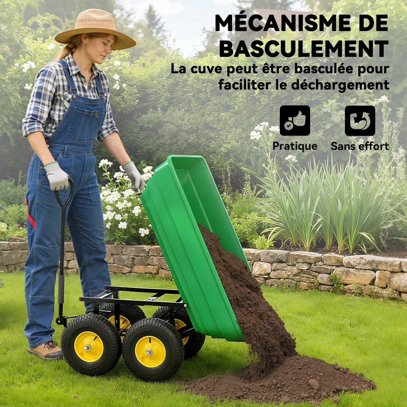 Chariot de jardin à main benne basculante 75 L 109 x 52 x 94 cm déchargement aisé roues pneumatiques rustique en PP vert 21_0004255