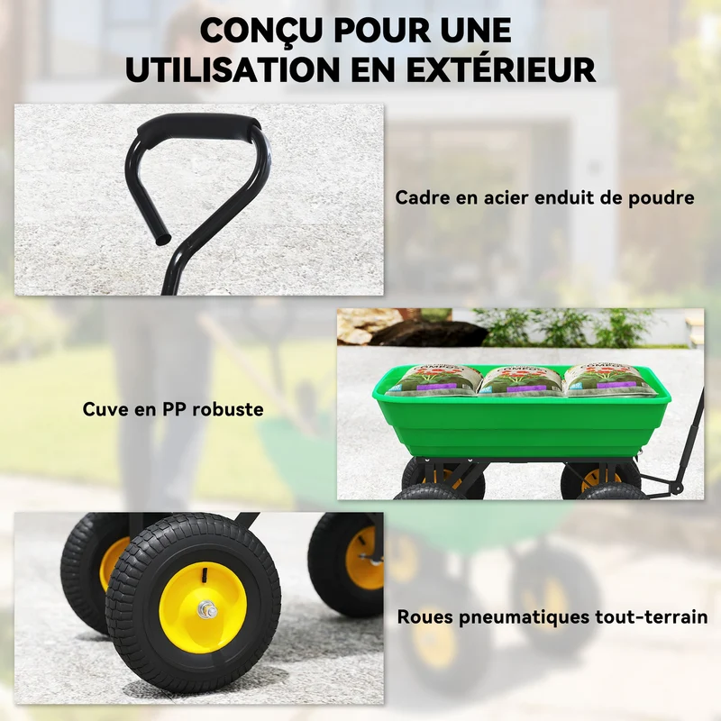 Chariot de jardin à main benne basculante 75 L 109 x 52 x 94 cm déchargement aisé roues pneumatiques rustique en PP vert 21_0004255