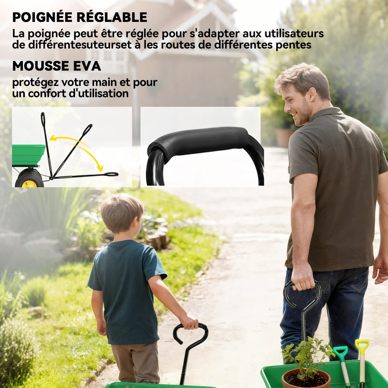 Chariot de jardin à main benne basculante 75 L 109 x 52 x 94 cm déchargement aisé roues pneumatiques rustique en PP vert 21_0004255