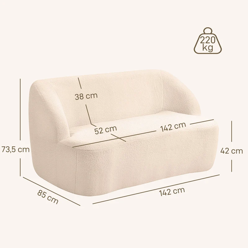 Canapé 2 places forme incurvée salon 142 x 85 x 74 cm confort moelleux assise ergonomique épuré en tissu bouclette beige 21_0003533