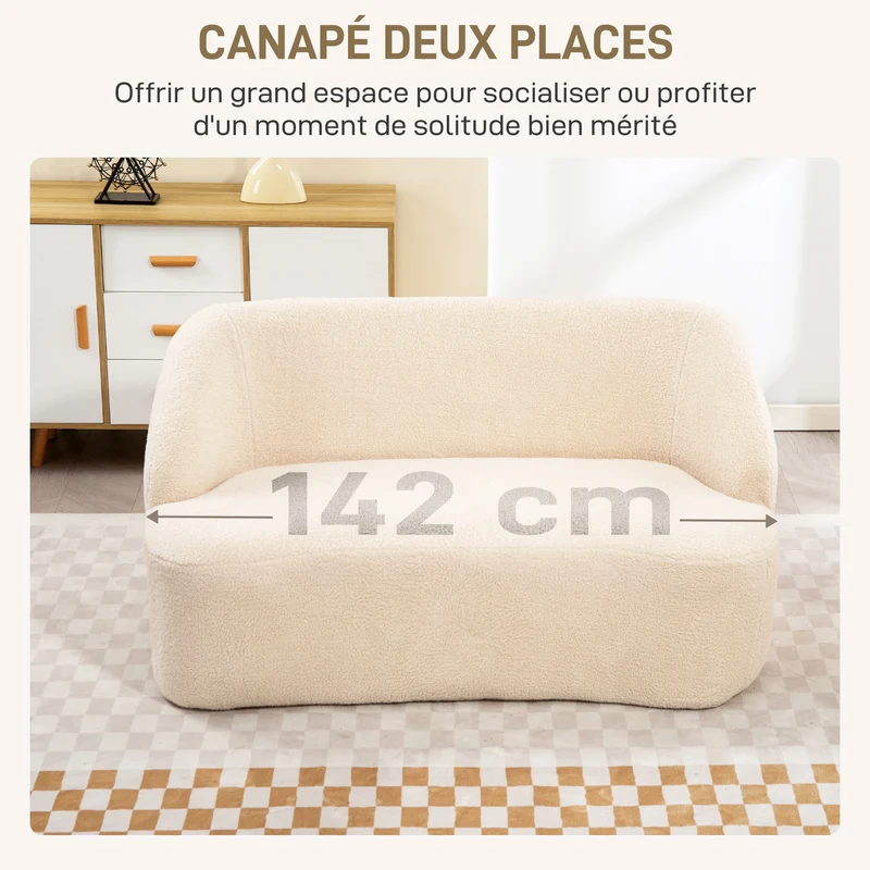 Canapé 2 places forme incurvée salon 142 x 85 x 74 cm confort moelleux assise ergonomique épuré en tissu bouclette beige 21_0003533