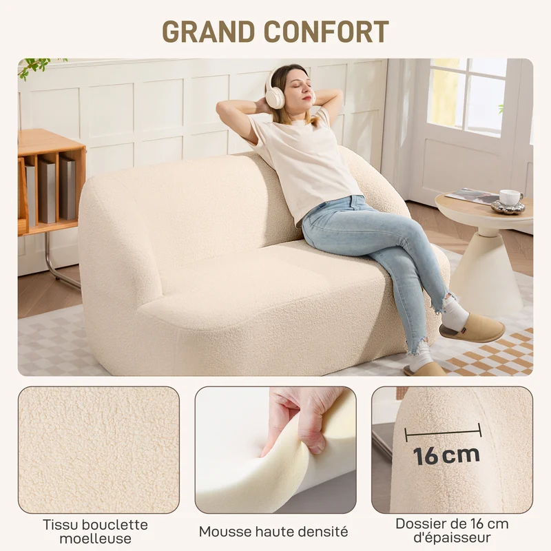 Canapé 2 places forme incurvée salon 142 x 85 x 74 cm confort moelleux assise ergonomique épuré en tissu bouclette beige 21_0003533