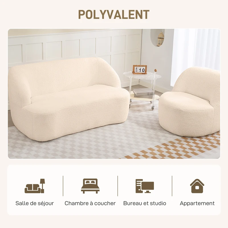 Canapé 2 places forme incurvée salon 142 x 85 x 74 cm confort moelleux assise ergonomique épuré en tissu bouclette beige 21_0003533
