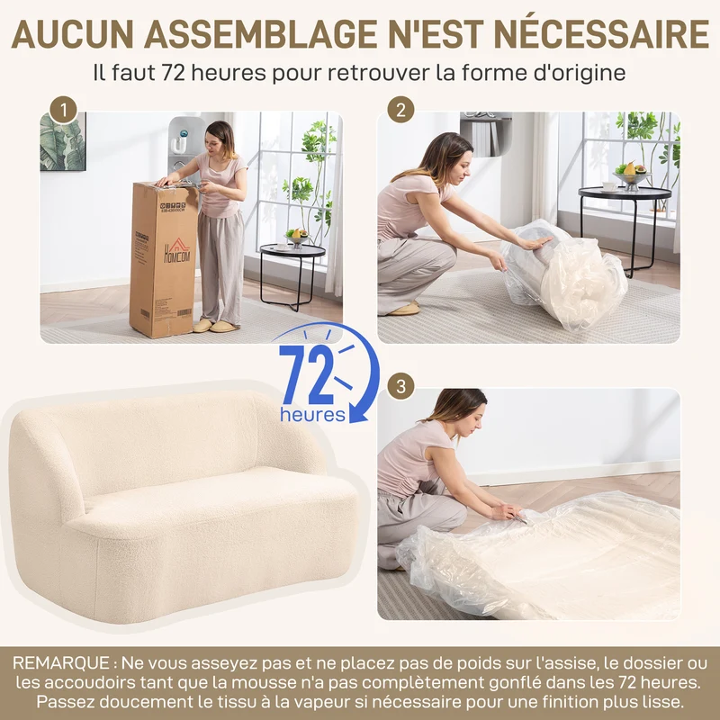 Canapé 2 places forme incurvée salon 142 x 85 x 74 cm confort moelleux assise ergonomique épuré en tissu bouclette beige 21_0003533