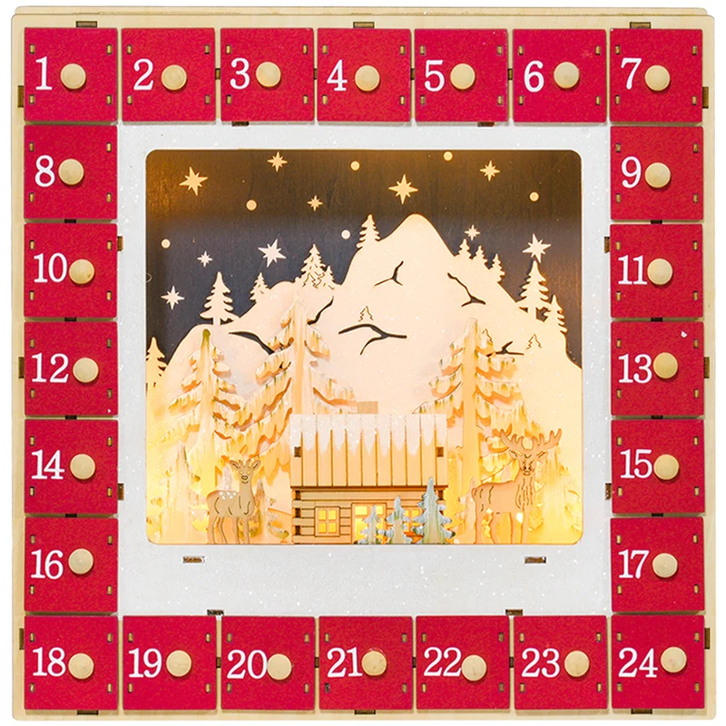 Calendrier de l'avent cheminée 34 x 7 x 34 cm 24 tiroirs pré-monté led festif contemporain en panneau multicouche rouge 21_0001374