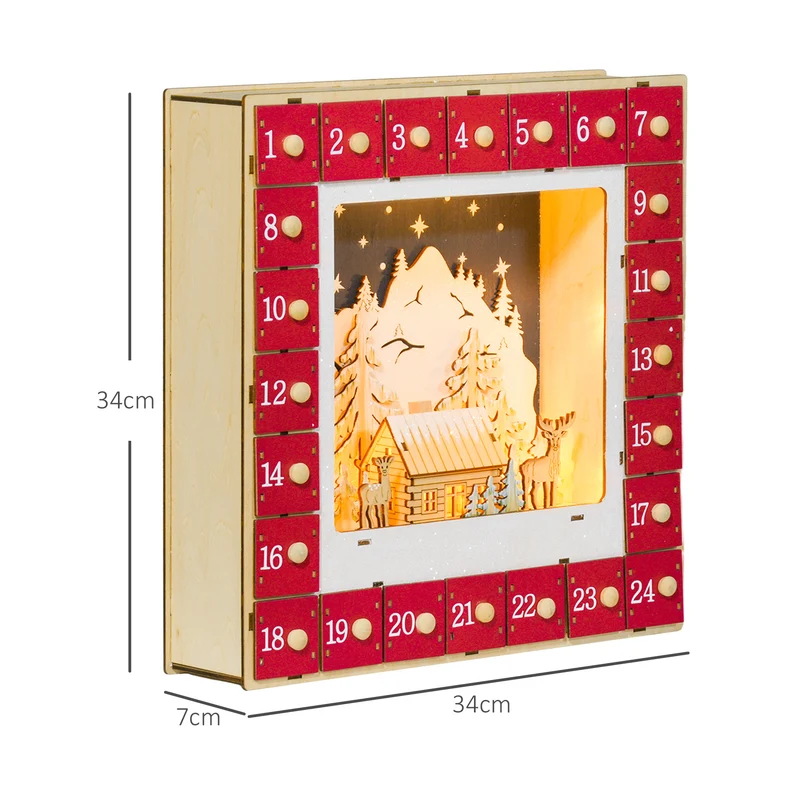 Calendrier de l'avent cheminée 34 x 7 x 34 cm 24 tiroirs pré-monté led festif contemporain en panneau multicouche rouge 21_0001374