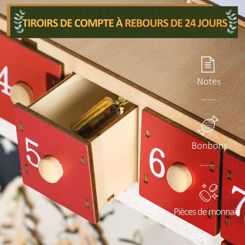 Calendrier de l'avent cheminée 34 x 7 x 34 cm 24 tiroirs pré-monté led festif contemporain en panneau multicouche rouge 21_0001374