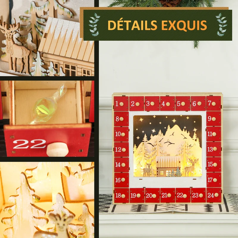 Calendrier de l'avent cheminée 34 x 7 x 34 cm 24 tiroirs pré-monté led festif contemporain en panneau multicouche rouge 21_0001374