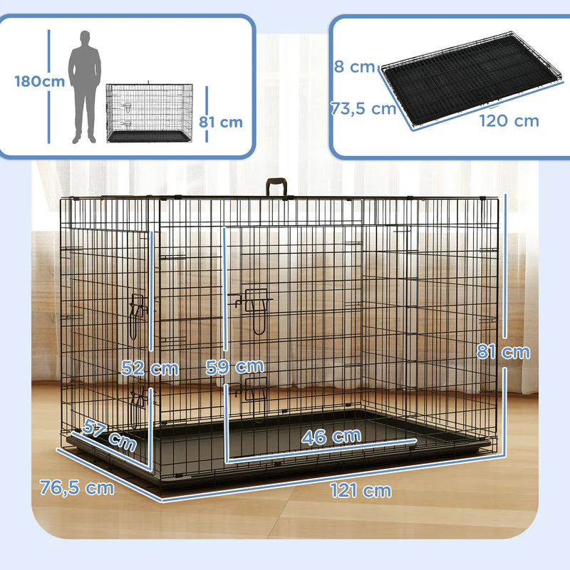 Cage de transport pliable pour chien 121 x 77 x 82 cm 2 portes sécurisées plateau amovible moderne épuré en acier noir 21_0007206