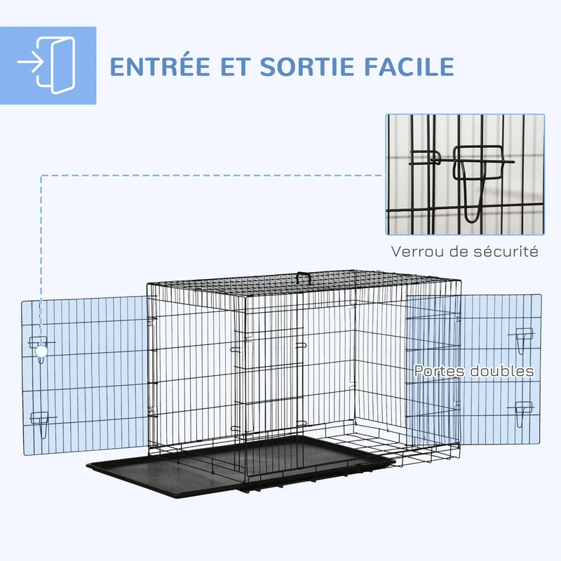 Cage de transport pliable pour chien 121 x 77 x 82 cm 2 portes sécurisées plateau amovible moderne épuré en acier noir 21_0007206