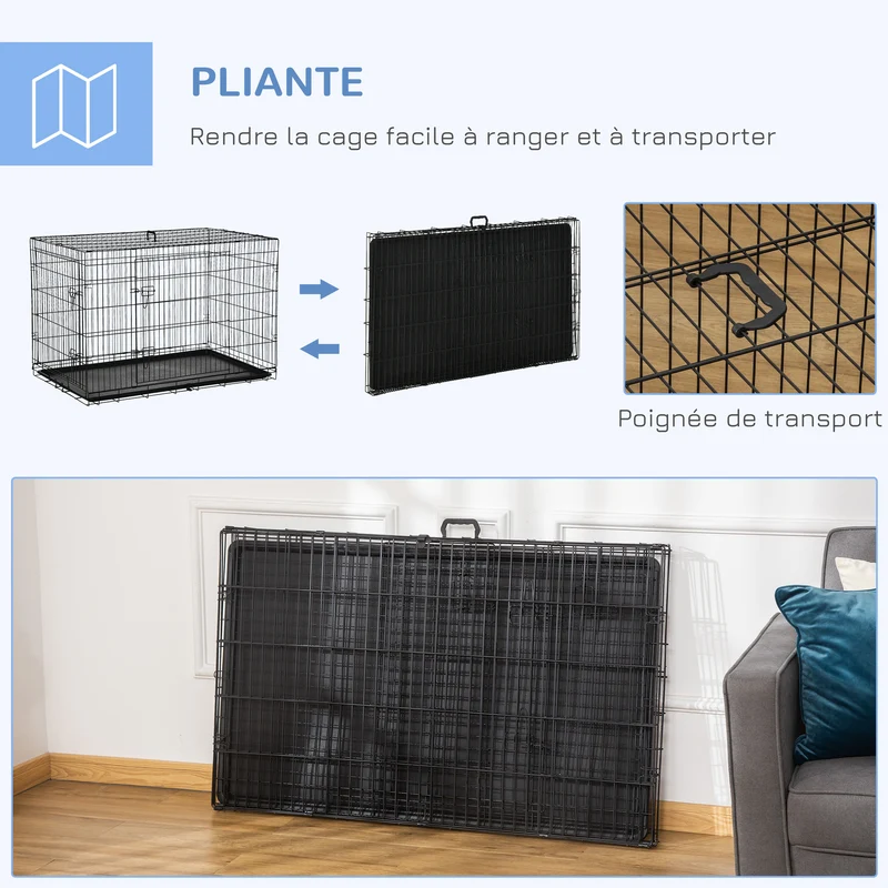 Cage de transport pliable pour chien 121 x 77 x 82 cm 2 portes sécurisées plateau amovible moderne épuré en acier noir 21_0007206