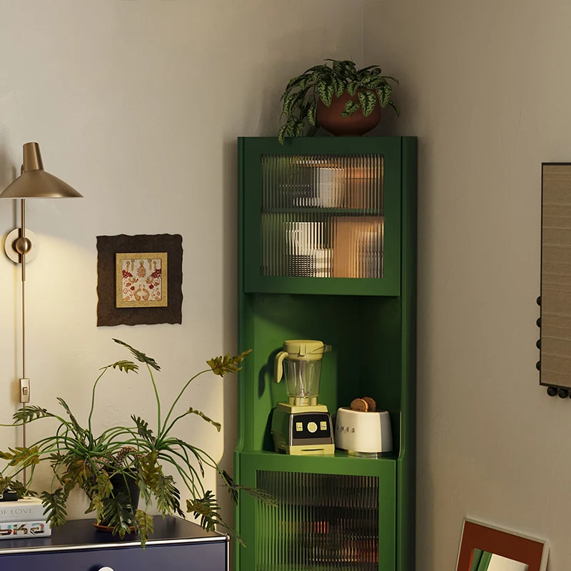 Contemporary Nordic Rubberwood Ripple Glass Rectangle Corner Storage Sideboard 5-Cabinet For Living Room & Dining Room