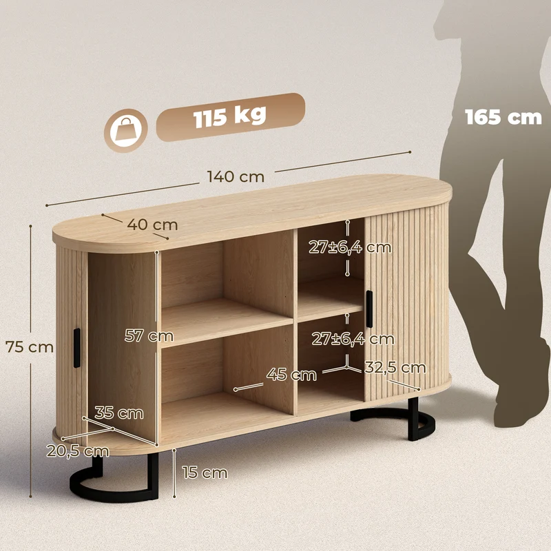 Buffet ovale rangement salon 140 x 40 x 75 cm portes coulissantes étagères réglables scandinave en MDF bois naturel 21_0003651