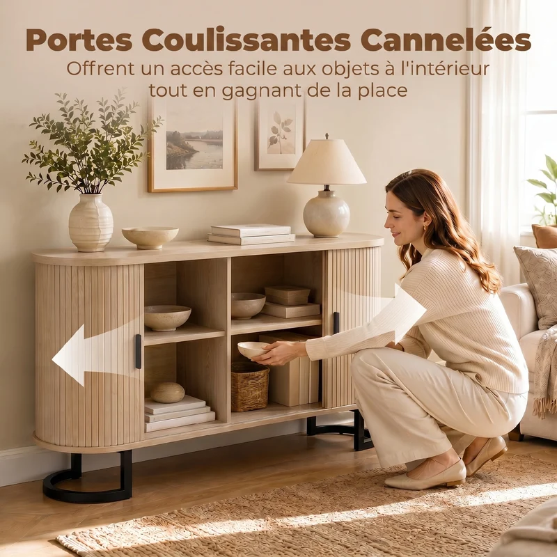 Buffet ovale rangement salon 140 x 40 x 75 cm portes coulissantes étagères réglables scandinave en MDF bois naturel 21_0003651