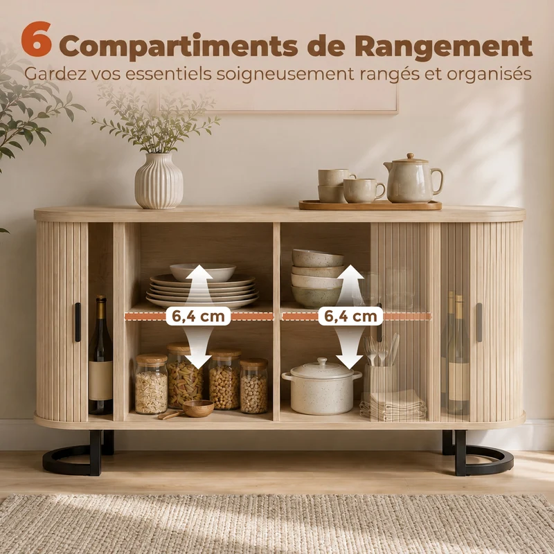 Buffet ovale rangement salon 140 x 40 x 75 cm portes coulissantes étagères réglables scandinave en MDF bois naturel 21_0003651