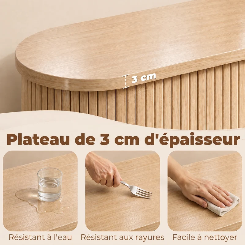 Buffet ovale rangement salon 140 x 40 x 75 cm portes coulissantes étagères réglables scandinave en MDF bois naturel 21_0003651