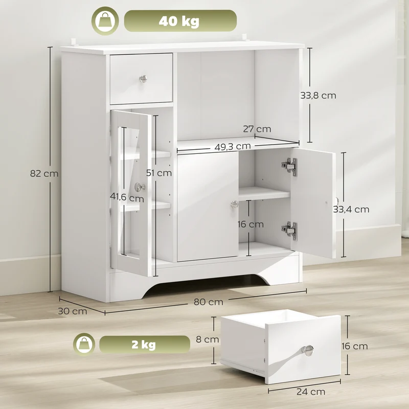 Buffet de cuisine 80 x 30 x 82 cm porte vitrée tiroir rangement optimisé contemporain en panneau de particules blanc 21_0002286