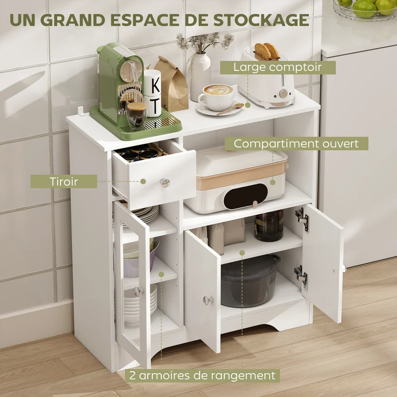 Buffet de cuisine 80 x 30 x 82 cm porte vitrée tiroir rangement optimisé contemporain en panneau de particules blanc 21_0002286