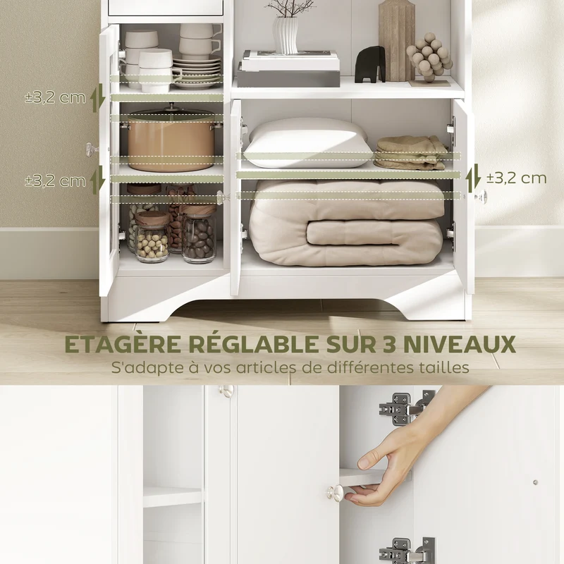 Buffet de cuisine 80 x 30 x 82 cm porte vitrée tiroir rangement optimisé contemporain en panneau de particules blanc 21_0002286