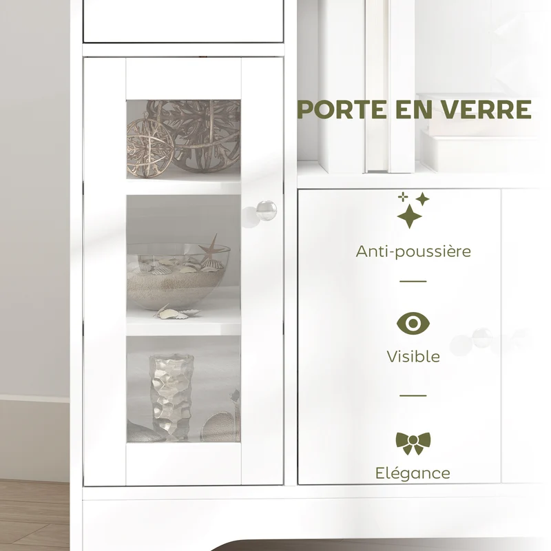 Buffet de cuisine 80 x 30 x 82 cm porte vitrée tiroir rangement optimisé contemporain en panneau de particules blanc 21_0002286
