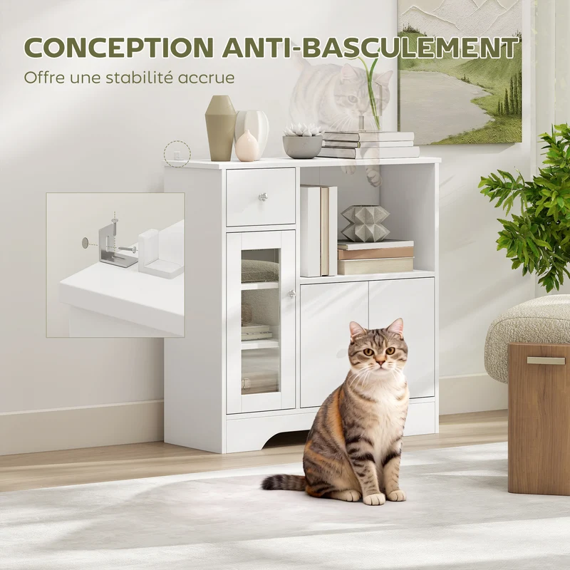 Buffet de cuisine 80 x 30 x 82 cm porte vitrée tiroir rangement optimisé contemporain en panneau de particules blanc 21_0002286