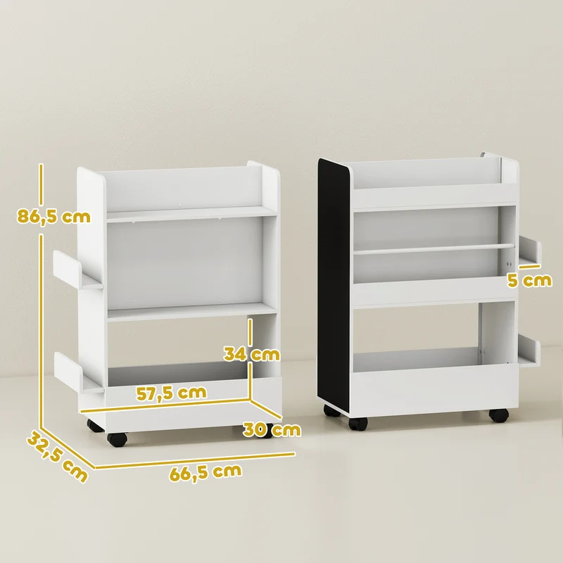 Bibliothèque pour enfant 66.5 x 32.5 x 86.5 cm rangement livres roulettes verrouillables scandinave épuré en MDF blanc 21_0000172