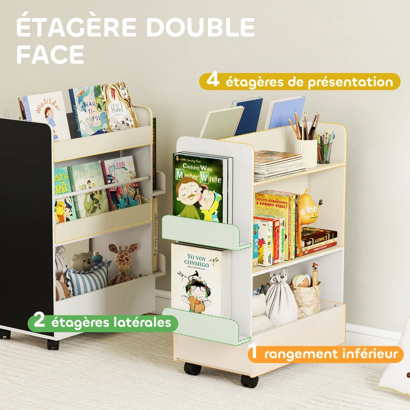 Bibliothèque pour enfant 66.5 x 32.5 x 86.5 cm rangement livres roulettes verrouillables scandinave épuré en MDF blanc 21_0000172