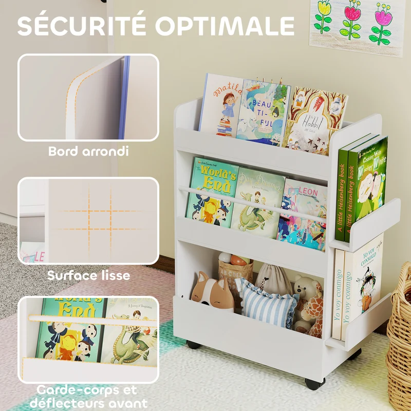 Bibliothèque pour enfant 66.5 x 32.5 x 86.5 cm rangement livres roulettes verrouillables scandinave épuré en MDF blanc 21_0000172