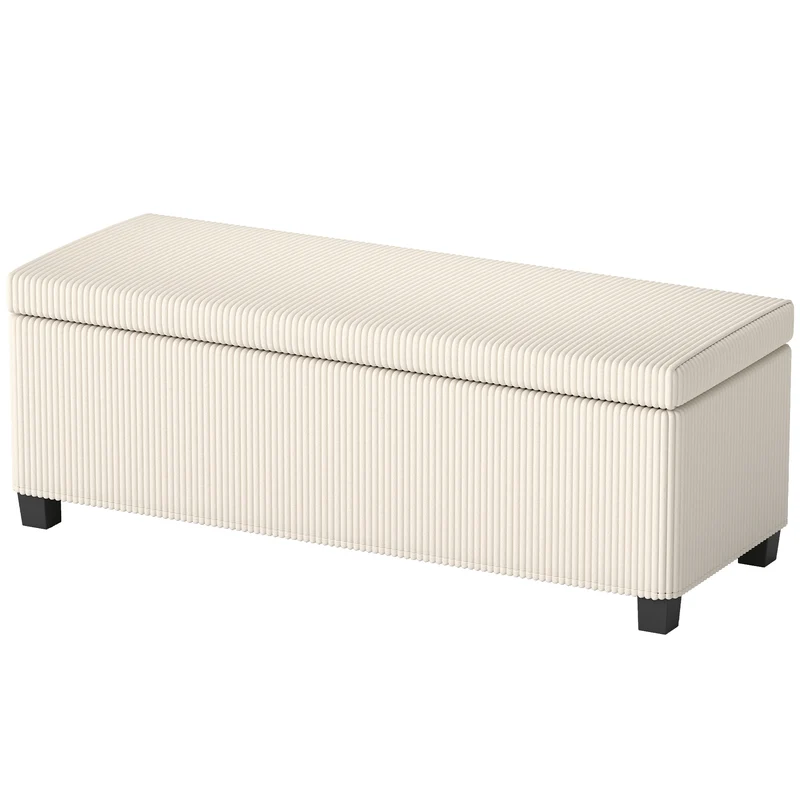 Banc de rangement bout de lit 112 x 42 x 40 cm grand coffre 84 litres assise rembourrée moderne en velours côtelé beige 21_0002965