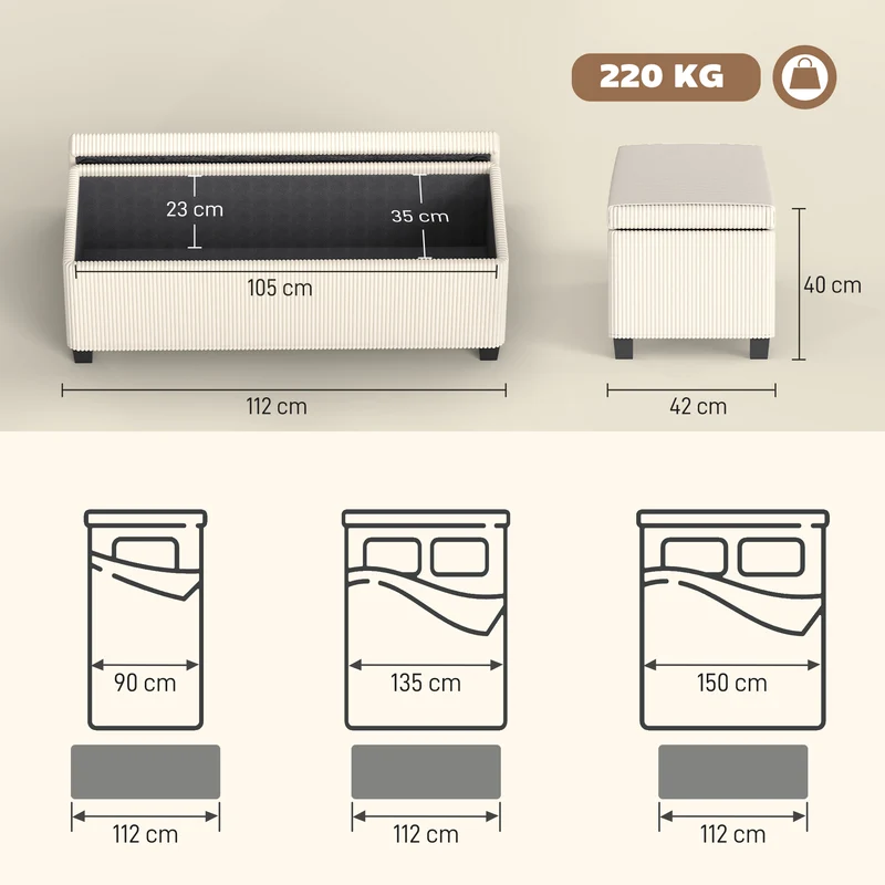 Banc de rangement bout de lit 112 x 42 x 40 cm grand coffre 84 litres assise rembourrée moderne en velours côtelé beige 21_0002965