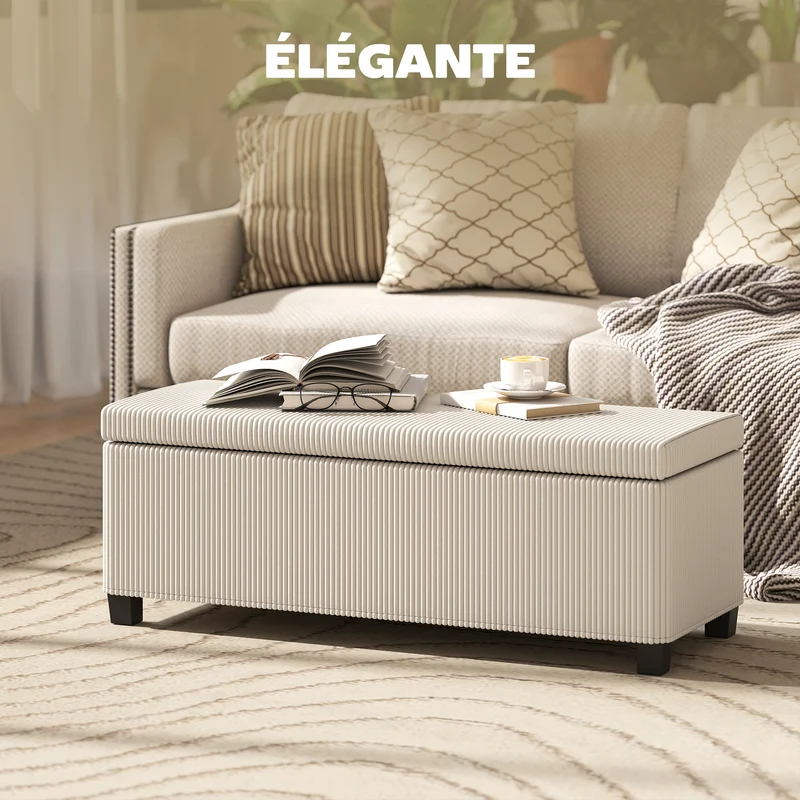 Banc de rangement bout de lit 112 x 42 x 40 cm grand coffre 84 litres assise rembourrée moderne en velours côtelé beige 21_0002965