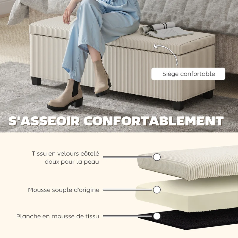 Banc de rangement bout de lit 112 x 42 x 40 cm grand coffre 84 litres assise rembourrée moderne en velours côtelé beige 21_0002965