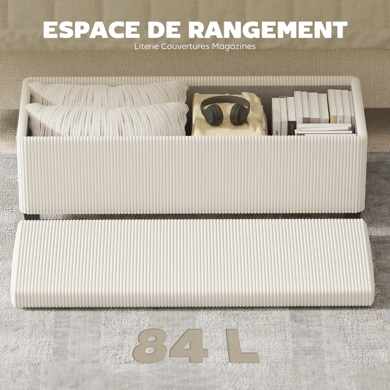 Banc de rangement bout de lit 112 x 42 x 40 cm grand coffre 84 litres assise rembourrée moderne en velours côtelé beige 21_0002965