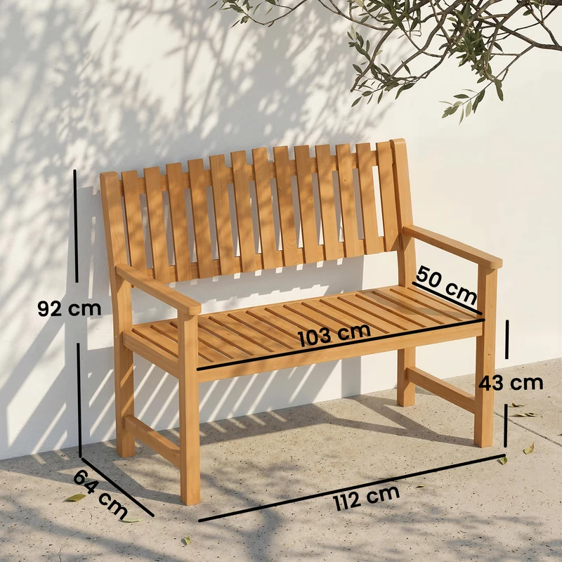 Banc de jardin 2 places 112 x 64 x 92 cm assise à lattes dossier incliné style contemporain en bois d'acacia naturel 21_0005347