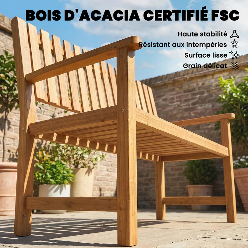 Banc de jardin 2 places 112 x 64 x 92 cm assise à lattes dossier incliné style contemporain en bois d'acacia naturel 21_0005347