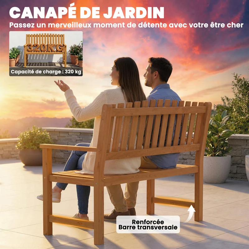 Banc de jardin 2 places 112 x 64 x 92 cm assise à lattes dossier incliné style contemporain en bois d'acacia naturel 21_0005347