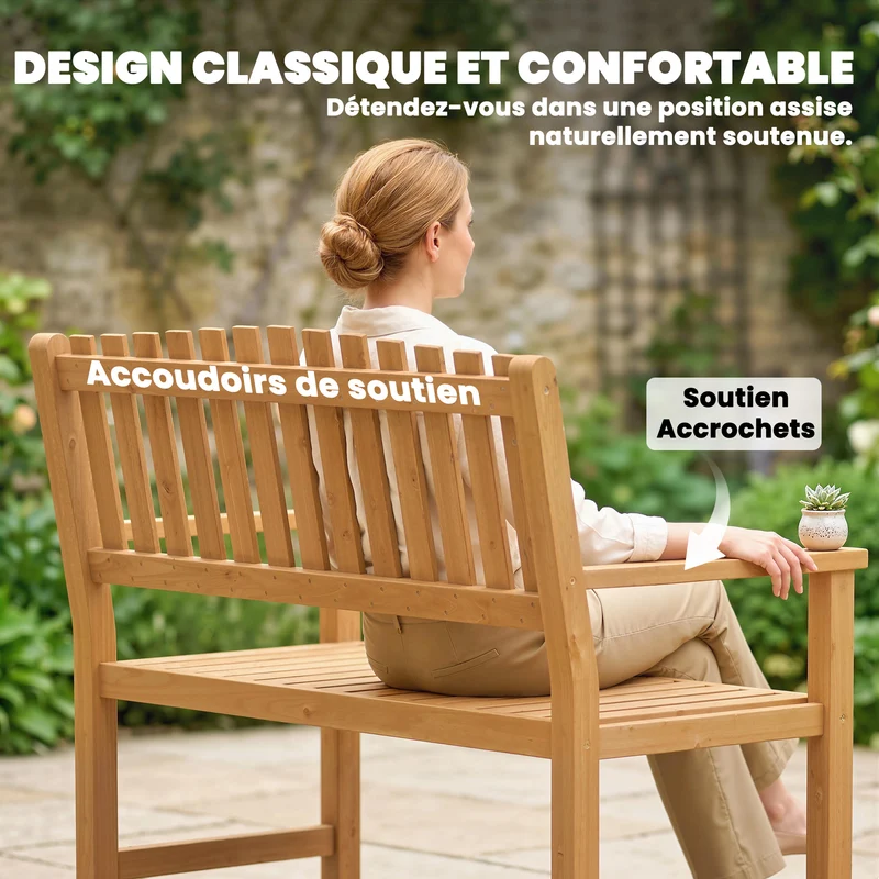 Banc de jardin 2 places 112 x 64 x 92 cm assise à lattes dossier incliné style contemporain en bois d'acacia naturel 21_0005347