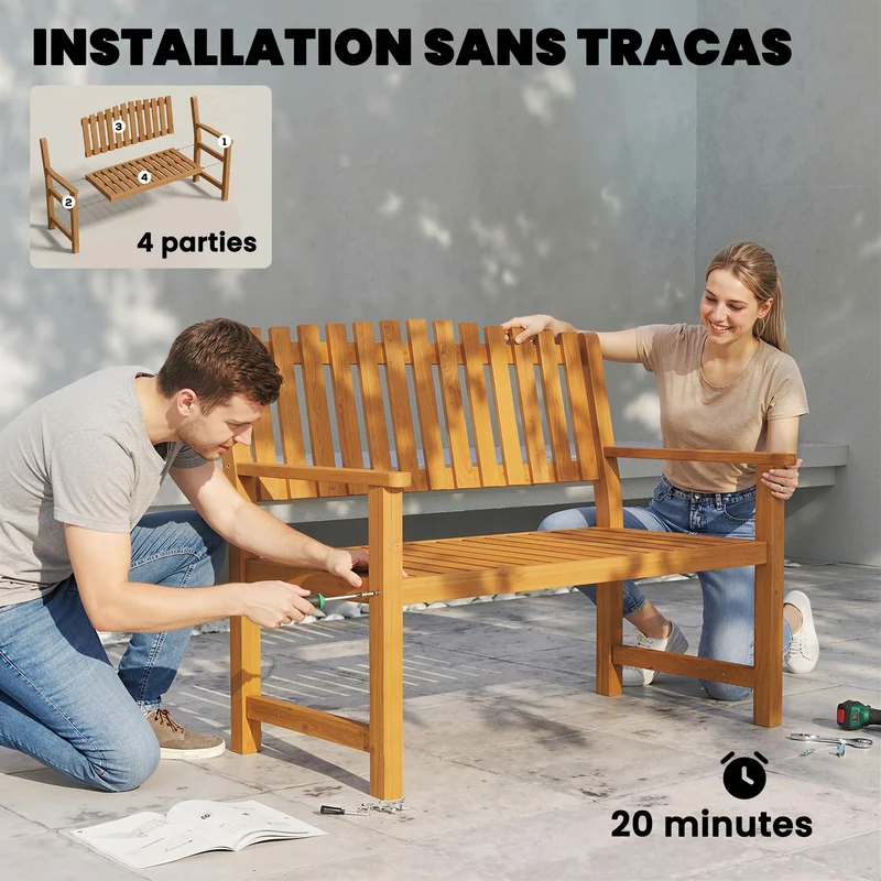 Banc de jardin 2 places 112 x 64 x 92 cm assise à lattes dossier incliné style contemporain en bois d'acacia naturel 21_0005347