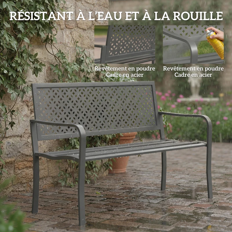 Banc d'extérieur 127 x 61 x 85 cm antirouille deux places design épuré pour terrasse jardin véranda en acier gris foncé 21_0005373