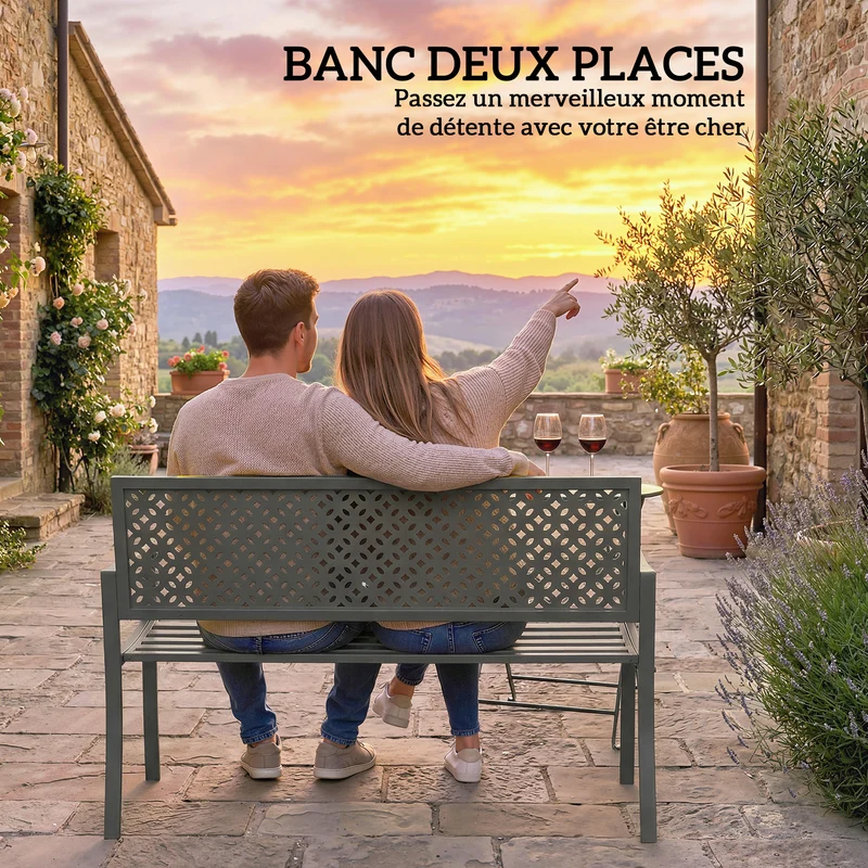 Banc d'extérieur 127 x 61 x 85 cm antirouille deux places design épuré pour terrasse jardin véranda en acier gris foncé 21_0005373