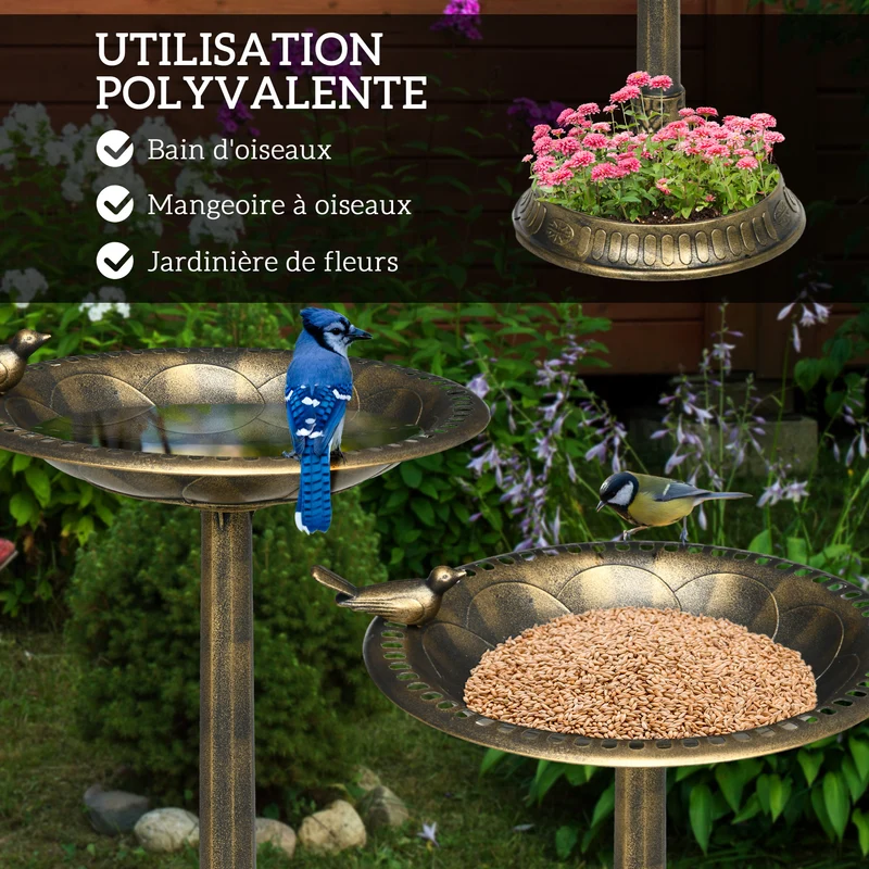 Bain d'oiseaux abreuvoir jardinière 2 en 1 50 x 50 x 72 cm résistant aux intempéries stabilité rustique en PP bronze 21_0003989