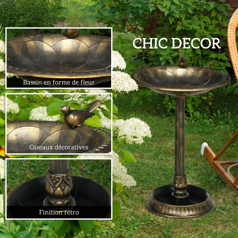 Bain d'oiseaux abreuvoir jardinière 2 en 1 50 x 50 x 72 cm résistant aux intempéries stabilité rustique en PP bronze 21_0003989