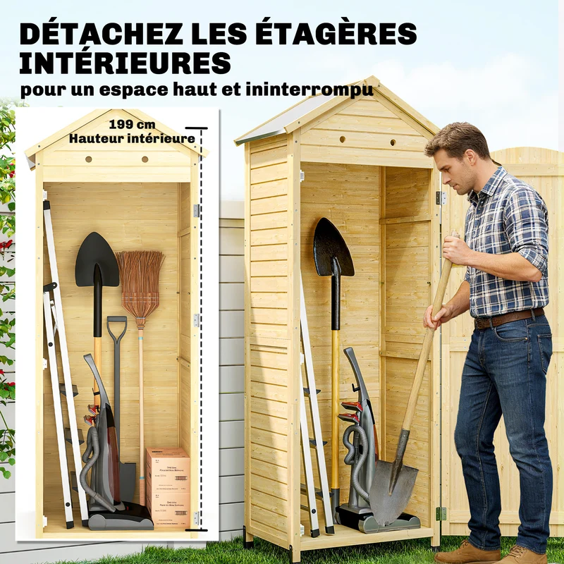 Armoire pour jardin 85 x 58 x 213 cm étagères réglables anti-basculement finitions vernies rustique en bois naturel 21_0005647