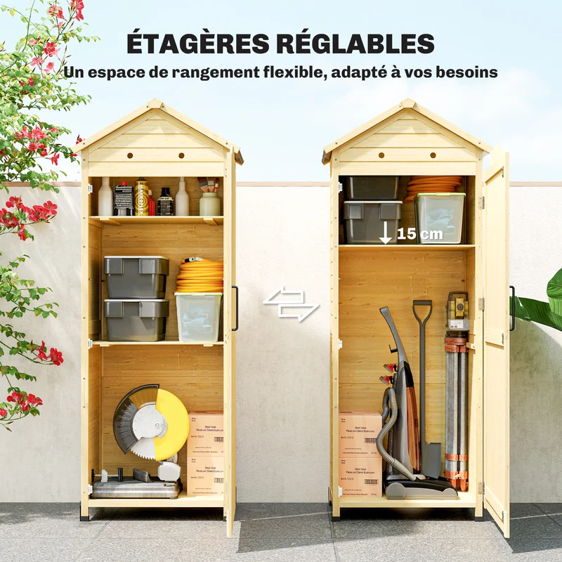 Armoire pour jardin 85 x 58 x 213 cm étagères réglables anti-basculement finitions vernies rustique en bois naturel 21_0005647