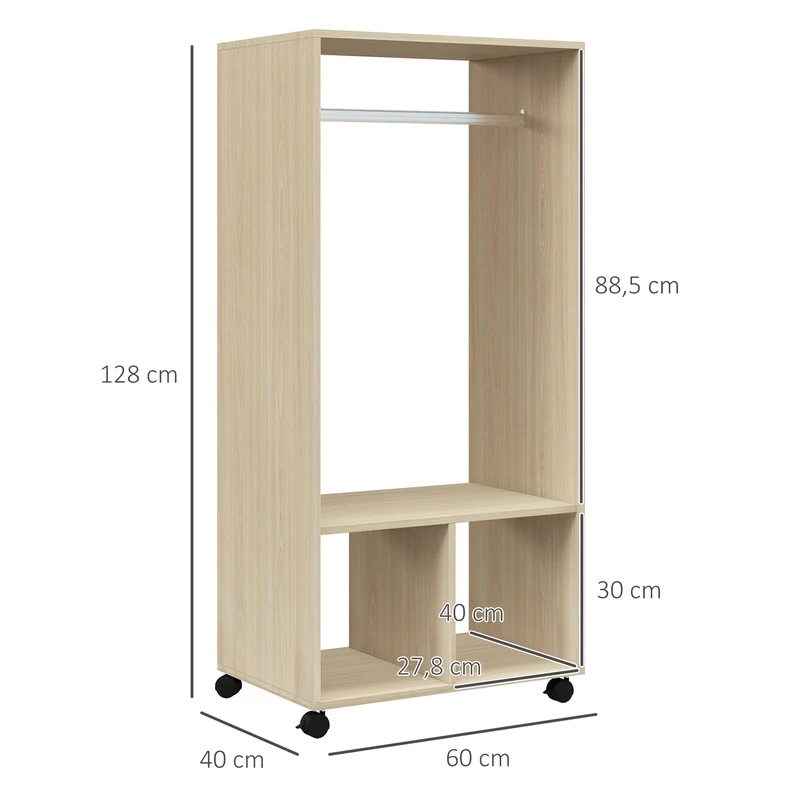 Armoire penderie 60 x 40 x 128 cm avec roulettes et frein rangement scandinave en panneau de particule bois naturel 21_0001431