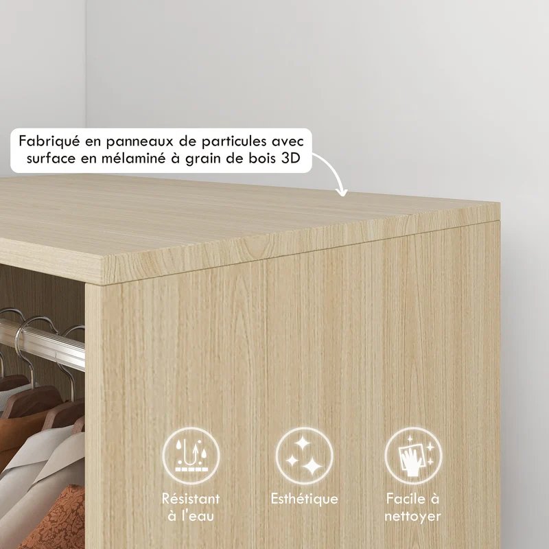 Armoire penderie 60 x 40 x 128 cm avec roulettes et frein rangement scandinave en panneau de particule bois naturel 21_0001431