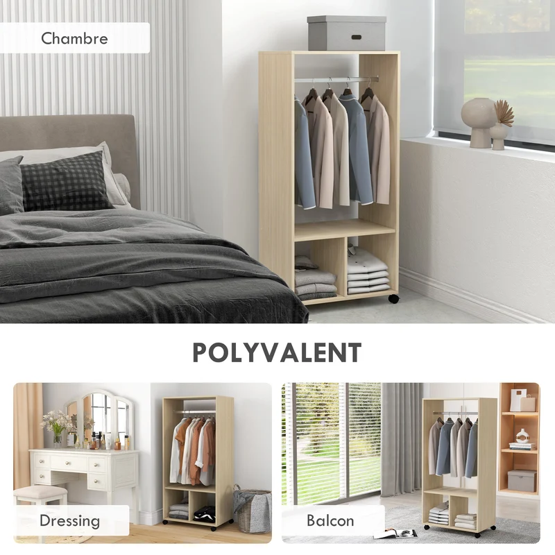 Armoire penderie 60 x 40 x 128 cm avec roulettes et frein rangement scandinave en panneau de particule bois naturel 21_0001431