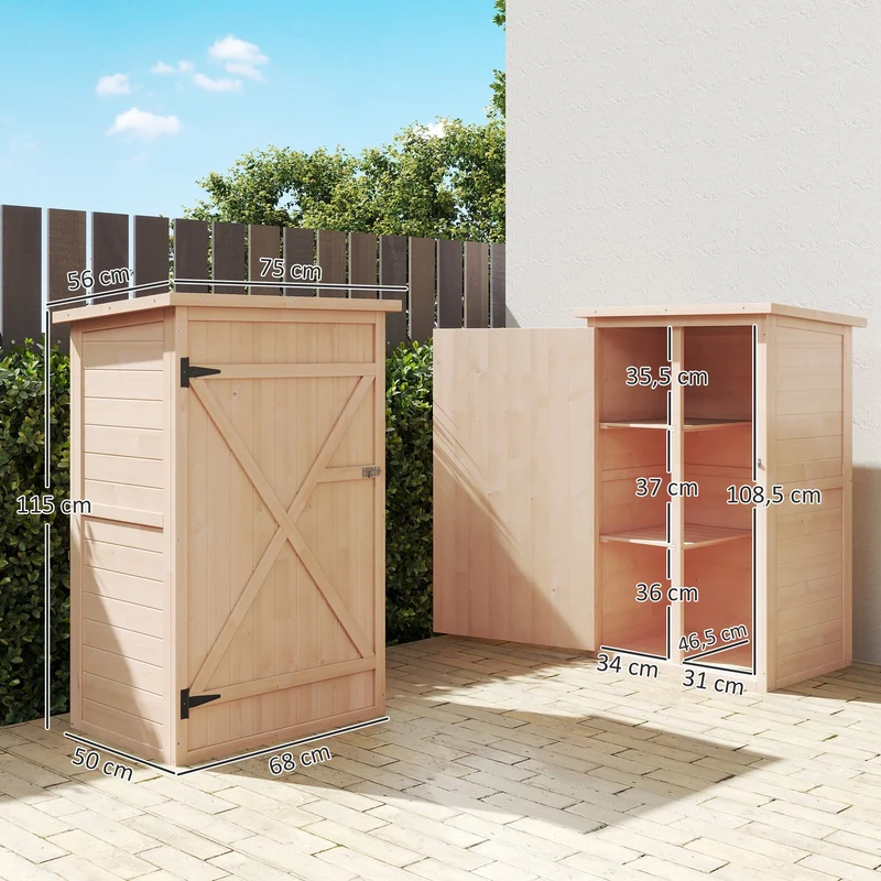 Armoire de jardin compacte 75 x 56 x 115 cm porte verrouillable double étagère style rustique terrasse en bois naturel 21_0004134