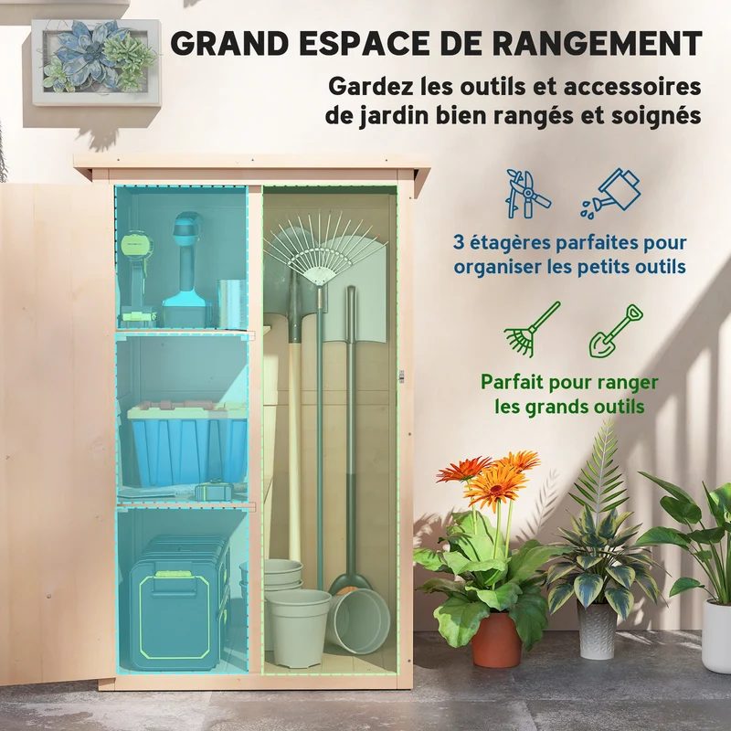 Armoire de jardin compacte 75 x 56 x 115 cm porte verrouillable double étagère style rustique terrasse en bois naturel 21_0004134